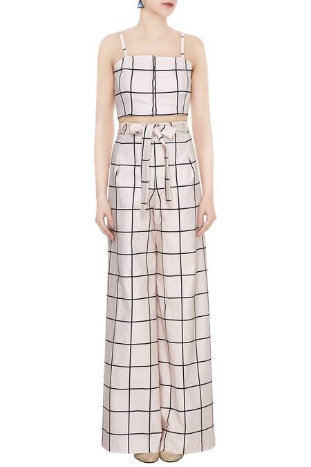 Shop_Deme By Gabriella_White Square Neck Checkered Pant Set_Online_at_Aza_Fashions