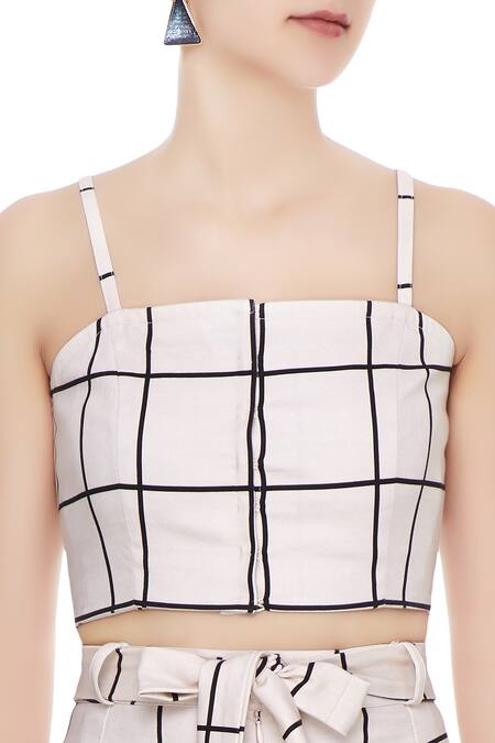 Deme By Gabriella_White Square Neck Checkered Pant Set_at_Aza_Fashions