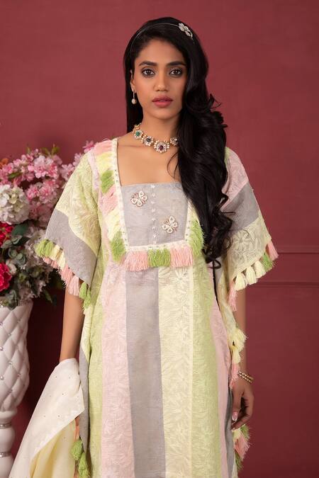 Ruh Clothing_Yellow Chanderi, Organic Cotton Mukaish Work, Pearl Embroidered Kaftan Kurta Set _Online_at_Aza_Fashions