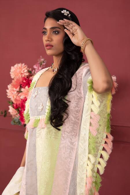 Buy_Ruh Clothing_Yellow Chanderi, Organic Cotton Mukaish Work, Pearl Embroidered Kaftan Kurta Set _Online_at_Aza_Fashions