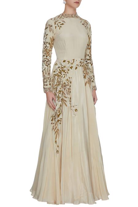 Bhumika Sharma_Ivory Crepe Silk Embroidered Anarkali Gown_Online_at_Aza_Fashions