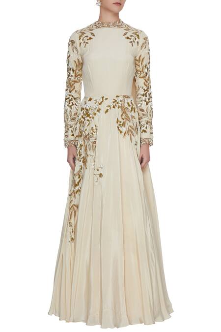 Shop_Bhumika Sharma_Ivory Crepe Silk Embroidered Anarkali Gown_Online_at_Aza_Fashions