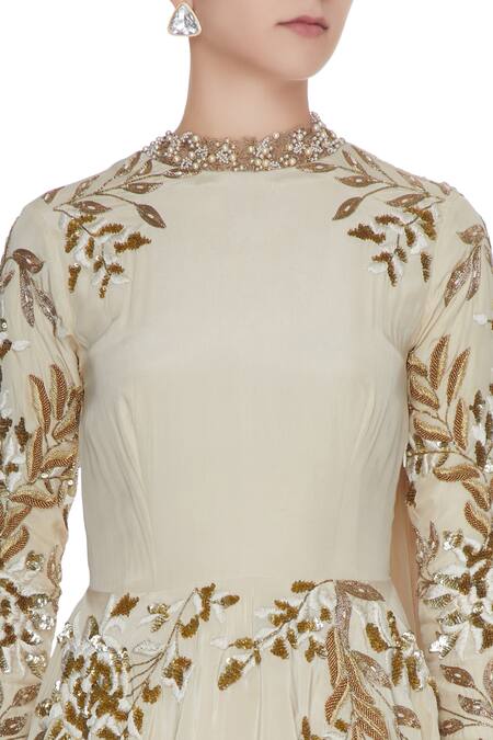 Bhumika Sharma_Ivory Crepe Silk Embroidered Anarkali Gown_at_Aza_Fashions