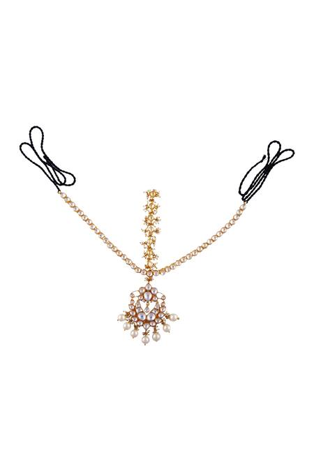 Kista_Gold Plated White Pearl Kundan Bridal Maangtikka_Online_at_Aza_Fashions