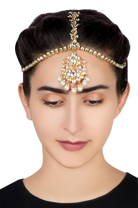 Buy_Kista_Gold Plated White Pearl Kundan Bridal Maangtikka_Online_at_Aza_Fashions