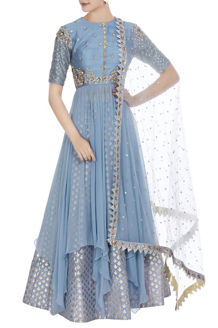 Nidhika Shekhar Blue Kurta Raw Silk Embroidered Sequin And Asymmetric With Skirt & Net Dupatta 