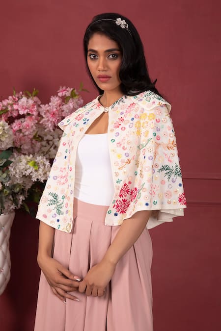 Ruh Clothing White Georgette Mirror Work, Pearl Work, Floral Embroidered Cape Pant Set Online at Aza Fashions Ruh Clothing_White Georgette Mirror Work, Pearl Work, Floral Embroidered Cape Pant Set _Online_at_Aza_Fashions