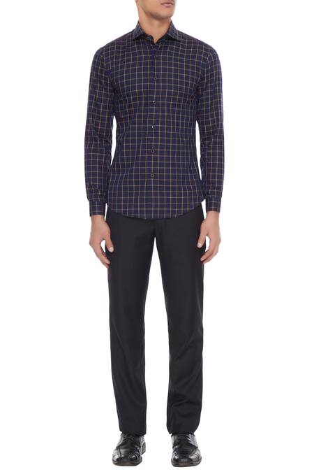 Shop_Vikram Bajaj_Blue Cotton Checkered Shirt_Online_at_Aza_Fashions