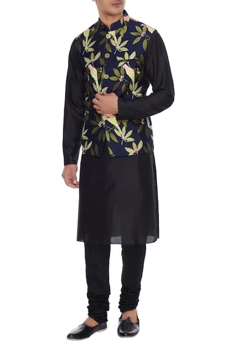 Vikram Bajaj Blue Rayon Embroidered Nehru Jacket  