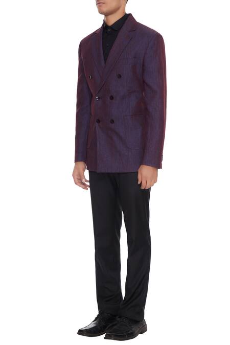 Buy_Vikram Bajaj_Purple Linen Double Breasted Blazer_Online_at_Aza_Fashions