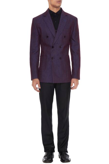 Shop_Vikram Bajaj_Purple Linen Double Breasted Blazer_Online_at_Aza_Fashions