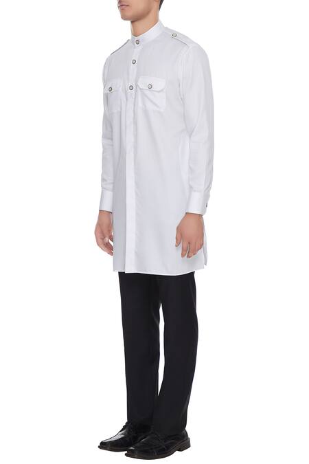 Buy_Vikram Bajaj_White Cotton Satin Button Down Kurta_Online_at_Aza_Fashions