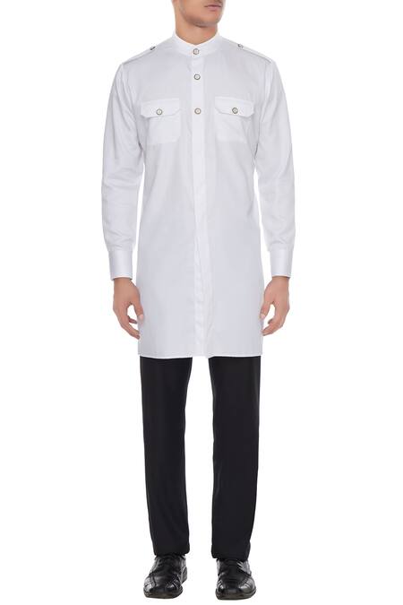 Shop_Vikram Bajaj_White Cotton Satin Button Down Kurta_Online_at_Aza_Fashions