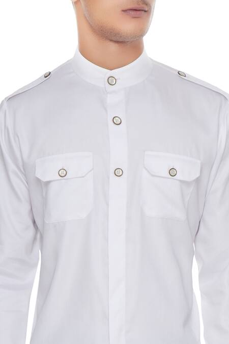 Vikram Bajaj_White Cotton Satin Button Down Kurta_at_Aza_Fashions