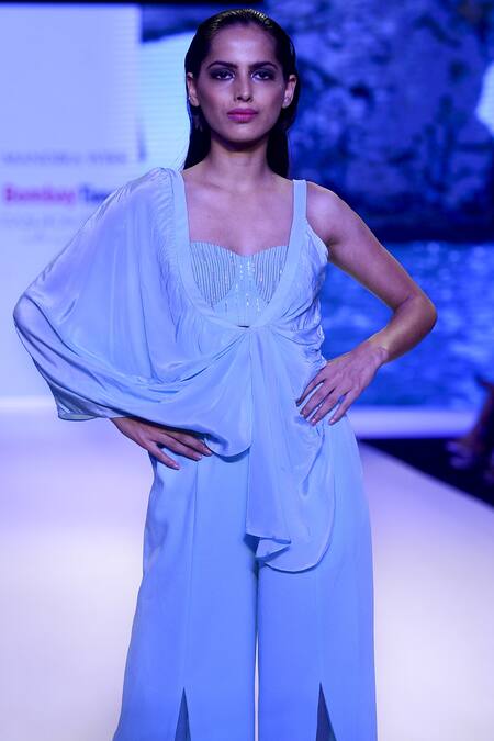 Mandira Wirk_Aqua Blue Crepe Silk Draped Jumpsuit With Embroidered Bralette_Online_at_Aza_Fashions