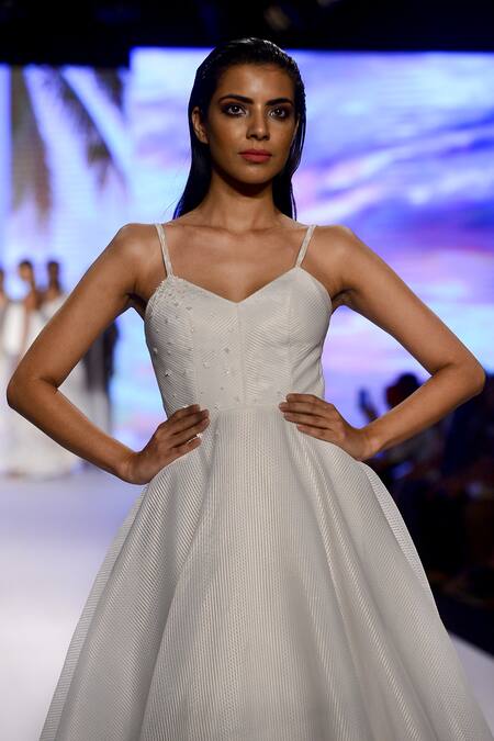 Mandira Wirk Resort_White Embellished Fit And Flare Dress_Online_at_Aza_Fashions
