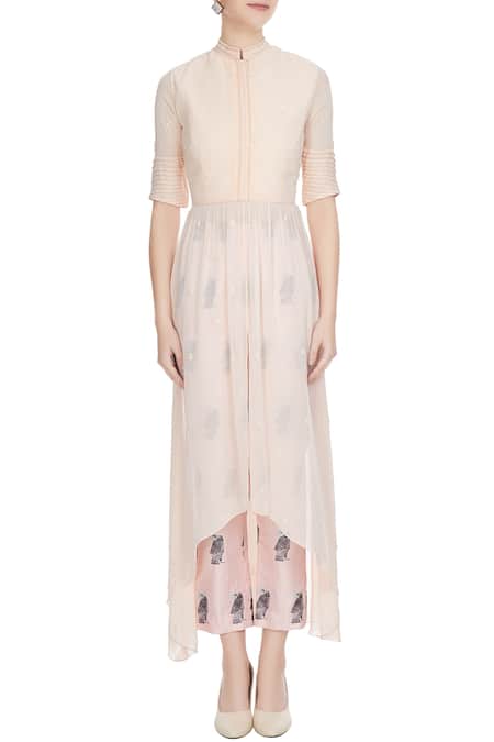 Shop_Sva By Sonam & Paras Modi_Nude Beige High-low Georgette Kurta With Printed Pants_Online_at_Aza_Fashions