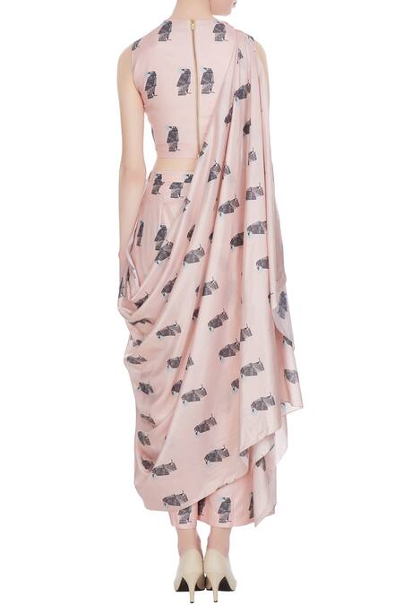 Shop_Sva By Sonam & Paras Modi_Beige Printed Crop Top With Draped Layer And Palazzos_at_Aza_Fashions