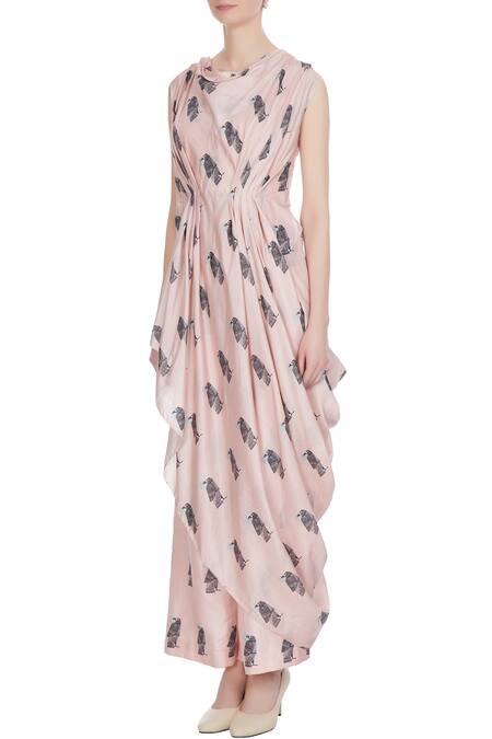 Buy_Sva By Sonam & Paras Modi_Beige Printed Crop Top With Draped Layer And Palazzos_Online_at_Aza_Fashions