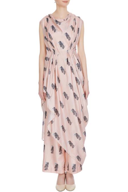 Shop_Sva By Sonam & Paras Modi_Beige Printed Crop Top With Draped Layer And Palazzos_Online_at_Aza_Fashions