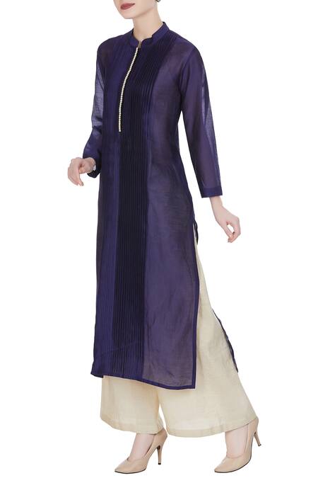 Aalyxir Blue Chanderi Pleated Mandarin Collar Nehru Kurta With Front Style