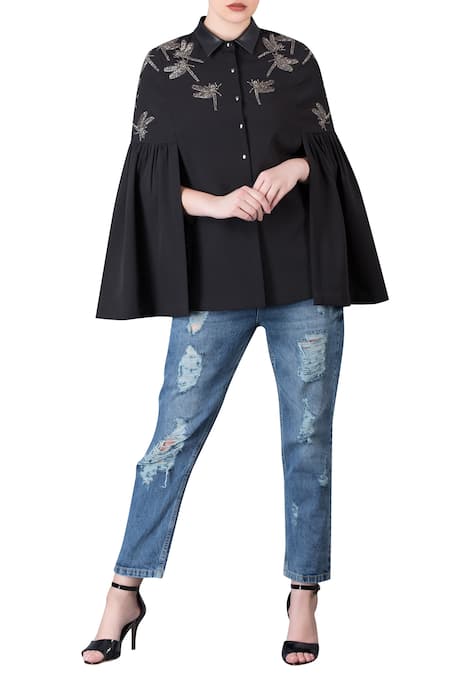 Shahin Mannan Black Shirt Collar Embroidered Flared  