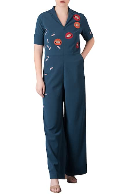 Shahin Mannan Blue Applique Work Jumpsuit With Utility Pockets  