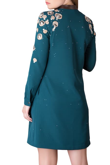 Shahin Mannan Emerald green shirt dress with hand embroidered mushroom motifs 