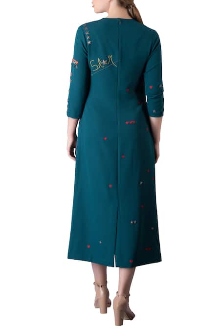 Shahin Mannan Emerald mid dress with hand embroidered book motifs 