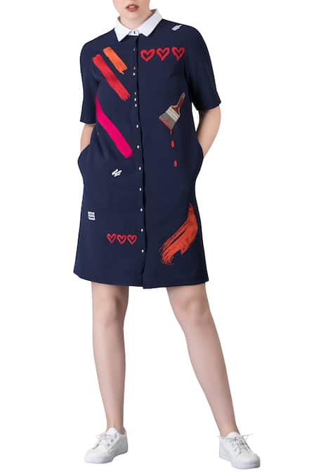 Shahin Mannan Blue Shift Dress In Paintbrush Themed Hand Embroidery 