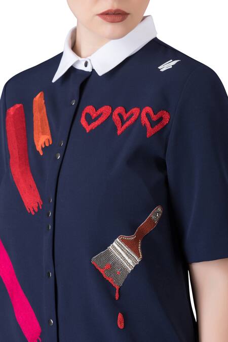 Shahin Mannan Blue Shift Dress In Paintbrush Themed Hand Embroidery Online at Aza Fashions Shahin Mannan_Blue Shift Dress In Paintbrush Themed Hand Embroidery _Online_at_Aza_Fashions