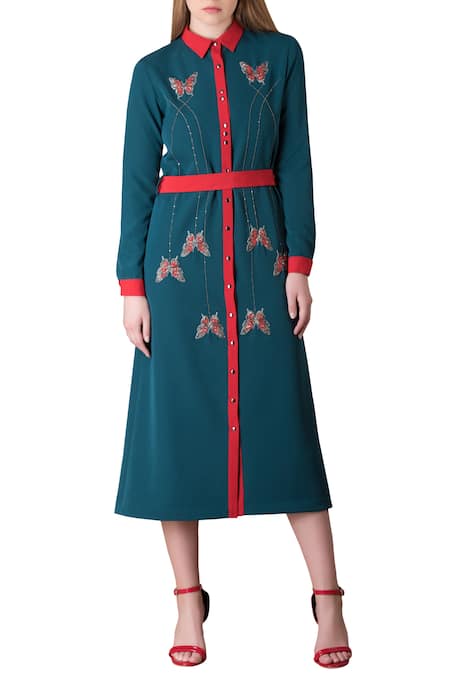 Shahin Mannan Emerald green midi shirt dress with belt 