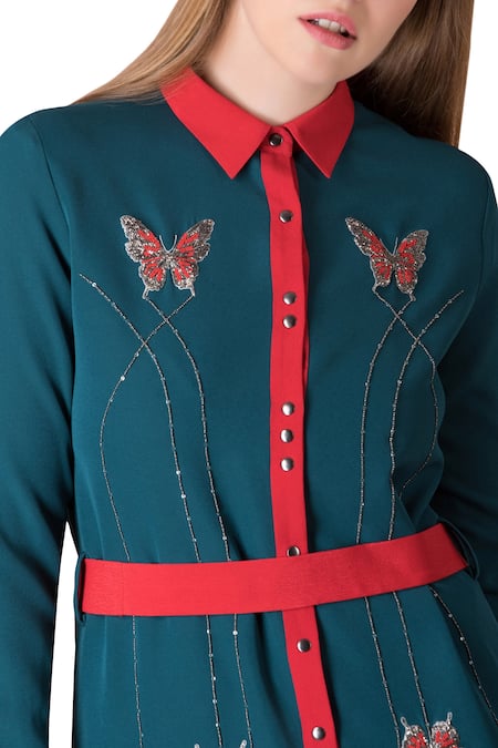 Shahin Mannan Emerald green midi shirt dress with belt 