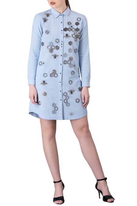 Shahin Mannan Blue Ice Sequin And Bead Hand Embroidery Shirt Dress 