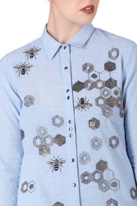 Shop Shahin Mannan Blue Ice Sequin And Bead Hand Embroidery Shirt Dress at Aza Fashions Shop_Shahin Mannan_Blue Ice Sequin And Bead Hand Embroidery Shirt Dress _at_Aza_Fashions