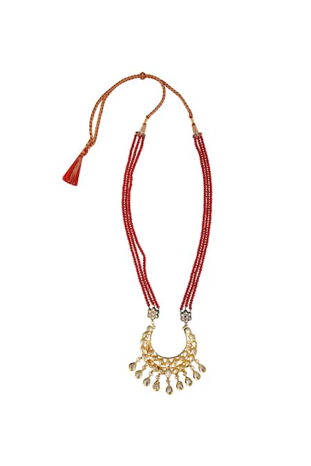 Posh By Rathore_Red Faceted Bead And Kundan Necklace With Earrings _Online_at_Aza_Fashions