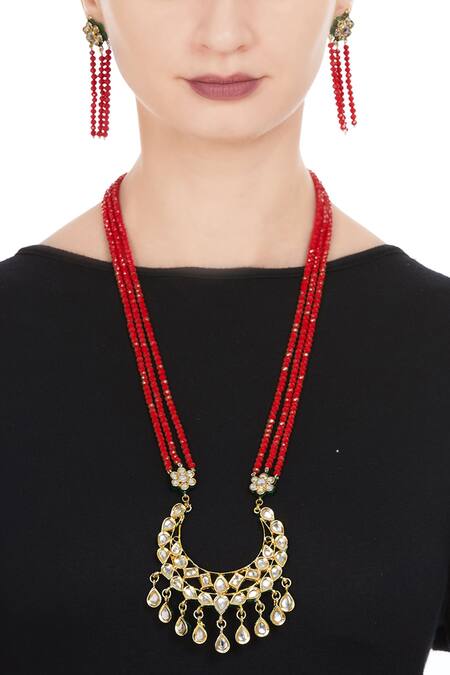 Posh By Rathore_Red Faceted Bead And Kundan Necklace With Earrings _at_Aza_Fashions