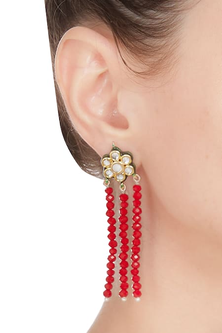 Shop_Posh By Rathore_Red Faceted Bead And Kundan Necklace With Earrings _Online_at_Aza_Fashions