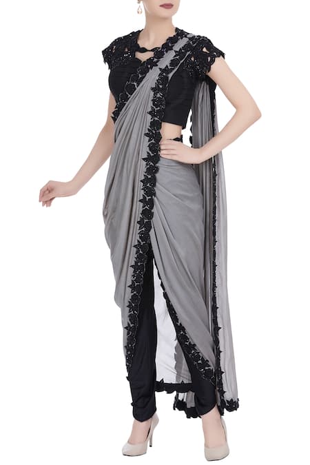 Neha Gursahani Black Cotton Voile Embroidered Sequin And Bead Grey Pre Draped Saree With Pants