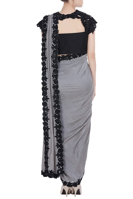 Neha Gursahani Grey embroidered pre draped saree with pants 
