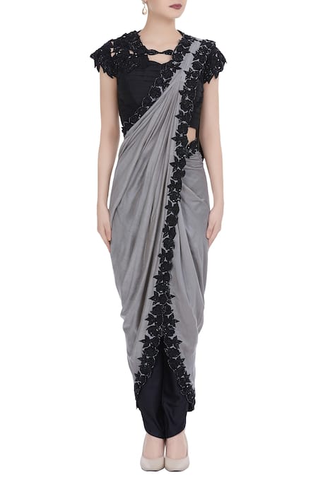 Neha Gursahani Black Lycra, Cotton Voile Sequin And Grey Embroidered Pre Draped Saree With Pants Online at Aza Fashions Neha Gursahani_Black Lycra, Cotton Voile Sequin And Grey Embroidered Pre Draped Saree With Pants _Online_at_Aza_Fashions