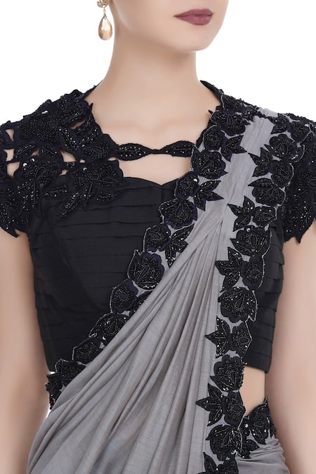 Buy Neha Gursahani Black Lycra, Cotton Voile Sequin And Grey Embroidered Pre Draped Saree With Pants Online at Aza Fashions Buy_Neha Gursahani_Black Lycra, Cotton Voile Sequin And Grey Embroidered Pre Draped Saree With Pants _Online_at_Aza_Fashions