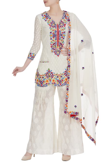 Neha Gursahani Off White V Neck Kashmiri Embroidered Kurta With Pleated Pants 