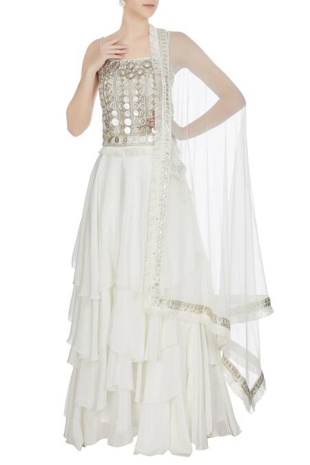 Ritika Mirchandani White And Silver Metal Embellished Crop Top With Lehenga And Dupatta