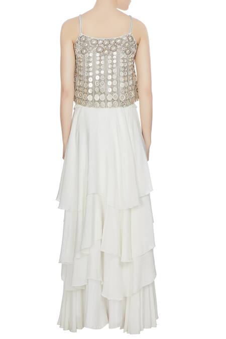 Shop Ritika Mirchandani White And Silver Metal Embellished Crop Top With Lehenga And Dupatta at Aza Fashions Shop_Ritika Mirchandani_White And Silver Metal Embellished Crop Top With Lehenga And Dupatta_at_Aza_Fashions