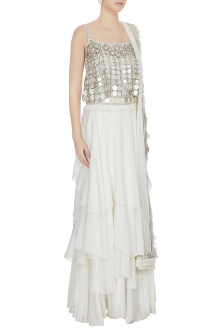 Ritika Mirchandani White And Silver Metal Embellished Crop Top With Lehenga And Dupatta Online at Aza Fashions Ritika Mirchandani_White And Silver Metal Embellished Crop Top With Lehenga And Dupatta_Online_at_Aza_Fashions