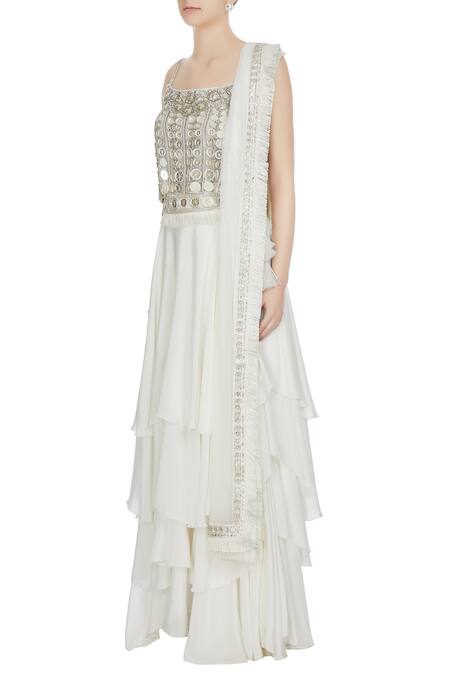 Buy Ritika Mirchandani White And Silver Metal Embellished Crop Top With Lehenga And Dupatta Online at Aza Fashions Buy_Ritika Mirchandani_White And Silver Metal Embellished Crop Top With Lehenga And Dupatta_Online_at_Aza_Fashions