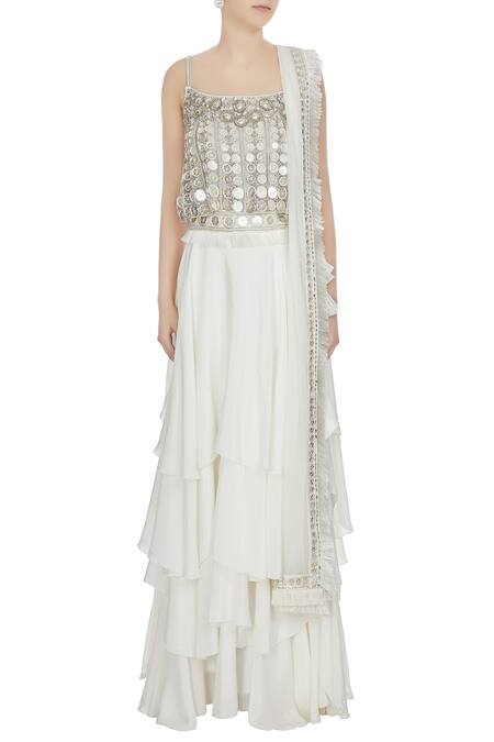 Shop Ritika Mirchandani White And Silver Metal Embellished Crop Top With Lehenga And Dupatta Online at Aza Fashions Shop_Ritika Mirchandani_White And Silver Metal Embellished Crop Top With Lehenga And Dupatta_Online_at_Aza_Fashions