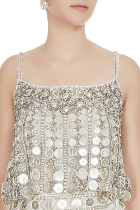 Ritika Mirchandani White And Silver Metal Embellished Crop Top With Lehenga And Dupatta at Aza Fashions Ritika Mirchandani_White And Silver Metal Embellished Crop Top With Lehenga And Dupatta_at_Aza_Fashions