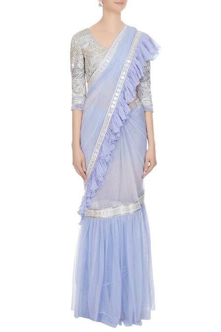 Ritika Mirchandani_Purple Violet Embroidered Blouse With Net Ruffle Detail Frilly Saree_Online_at_Aza_Fashions